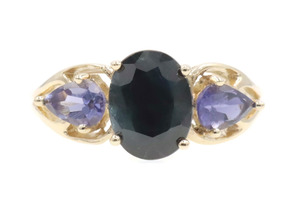 Natural 2.0 Ct Oval Sapphire & Pear Tanzanite 10KT Yellow Gold 3-Stone Ring 3g