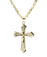 14KT Yellow Gold Diamond Cut Cross Pendant on 20" 14KT Gold Rope Chain Necklace