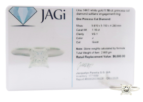 14KT White Gold 1.16 ctw Princess Cut Diamond Solitaire Engagement Ring VS-1 J