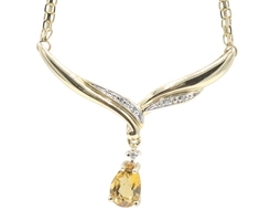 V-Style 0.95 Ct Pear Citrine & Round Diamond 14KT Gold Bismark Necklace 16" 6.4g
