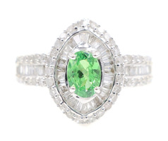 Double Halo 0.70 Ct Tsavorite Garnet, Round & Baguette Diamond 14KT Gold Ring SJ
