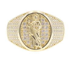 Religious 10KT Yellow Gold Round CZ Pavé Saint Jude Signet Statement Ring 6.1g