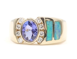 1.0 Ct Oval Tanzanite & Round Diamond w/ Blue Opal Inlays 14KT Gold Ring 8.70g