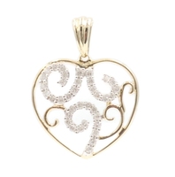 0.35 ctw Round Diamond Two Tone 14KT Gold Filigree Heart Necklace Pendant 1.8g