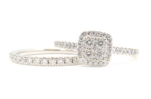Estate 0.90 Ctw Round Diamond Square Cluster 10KT White Gold Wedding Ring Set JX