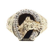 Black Onyx Inlay & 0.08 Ctw Round Diamond 10KT Yellow Gold Horseshoe Ring 6.18g