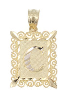Textured 10KT Yellow Gold Diamond-Cut Initial Letter "C" Necklace Pendant 0.8"