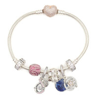 Pandora Moments Pavé Heart Clasp Snake Chain Bracelet 7" with 6 Charms in Box 