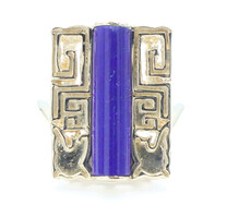 Unique 14KT Yellow Gold Greek Style Lapis Lazuli Cylinder Cut Gemstone Ring 9.2g