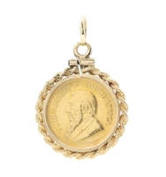 1/10 oz Fine Gold 1983 Krugerrand Coin in 14KT Yellow Rope Bezel Pendant - 5.7g
