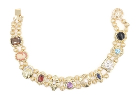 Estate 14KT Yellow Gold Multi-Stone Victorian Slide Charm Bracelet w/ Beads 19g