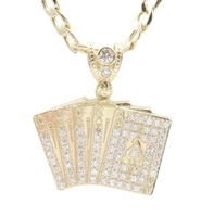 10KT Yellow Gold CZ Deck of Card Pendant with 24" Figaro Chain Necklace 9.8g 