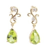 Filigree 3.20 Ctw Pear Peridot & Round Diamond 14KT Gold Dangle Earrings 25.5mm