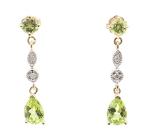 1.60 Ctw Pear & Round Peridot w/ Diamond Accents 14KT Gold Dangle Earrings 27mm