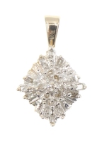 Women's 10KT Gold 0.25 Ctw Round & Baguette Diamond Rhombus Cluster Pendant 0.8"