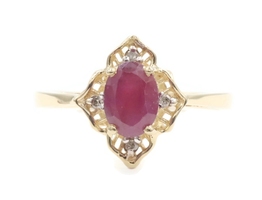 Women's 1.0 Ct Oval Cut Ruby & Single Cut Diamond 14KT Yellow Gold Floral Ring