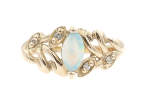 0.24 Ct Marquise Cabochon Natural Opal & Round Diamond 14KT Gold Leaf Motif Ring