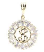 10KT Yellow Gold Round & Tapered Baguette CZ Dollar Sign $ Graphic Pendant 6.5g