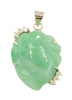 Hand-Carved Jade Gemstone & 0.15 Ctw Diamond Accents 10KT Yellow Gold Pendant 1"