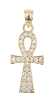 Egyptian 10KT Yellow Gold Round Cubic Zirconia Ankh Necklace Pendant by AG 1"