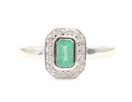 0.28 Ctw Bezel-Set Natural Emerald & Diamond Halo 10KT White Gold Ring 2.1g