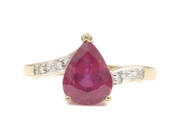 Natural 2.20 Ct Pear Cut Ruby & Round Diamond 18KT Yellow Gold Estate Ring 3.25g