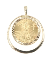 Liberty 2010 1/10 Oz Fine Gold Coin & Diamond Accent in Unique 14KT Gold Pendant