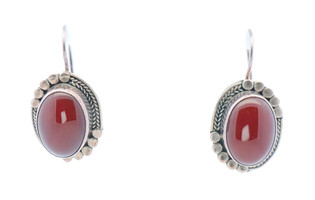Sterling Silver Bali Style Oval Cabochon Red Carnelian Estate Dangle Earrings 