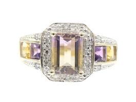 1.45 Ct Emerald Cut Ametrine w/ Amethyst, Citrine & Diamonds 10KT Gold Ring STS