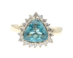 1.80 Ctw Trilliant Blue Topaz & Round Diamond Halo 14KT Yellow Gold Ring 6.51g
