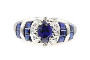 1.40 Ctw Oval & Princess Cut Lab-Grown Sapphire 10KT White Gold Ring w/ Diamonds