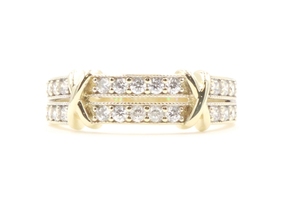 Women's X-Motif Round Cut Clear CZ 10KT Yellow Gold 2-Row Milgrain Ring 3.06g