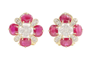 14KT Yellow Gold 2.40 ctw Oval Ruby & Round Diamond Flower Cluster Earrings