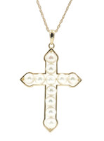 Religious 14KT Yellow Gold Cultured Pearl 1.4" Cross Pendant on 14KT Chain 18"