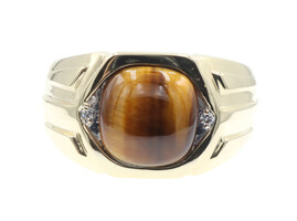 2.55 Ctw Cushion Cabochon Tiger's Eye & Round Diamond 10KT Yellow Gold Ring 5.8g