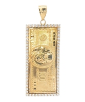 10KT Yellow Gold Hundred Dollar Style Benjamin Bill One Round CZ 2.1" Pendant 7g