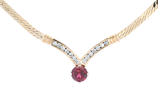 V-Style 2.20 Ct Round Garnet & Diamond 14KT Yellow Gold Herringbone Necklace 18"