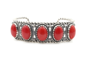 Carolyn Pollack 24.50 Ctw Oval Red Coral Sterling Silver Floral Cuff Bracelet 7"