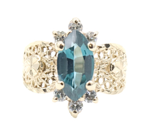 1.70 Ct Marquise Color-Enhanced Blue Topaz & White Topaz 10KT Gold Filigree Ring
