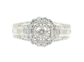 1.30 Ctw Round & Baguette Diamond 10KT White Gold Halo Engagement Ring 5.8g ZEI
