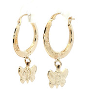 Estate 10KT Yellow Gold Round Hoop Butterfly Charm Dangle Women's Earrings 0.7g