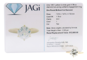 14KT Gold 1.79 ctw SI-2 I Round Brilliant Diamond Solitaire Engagement Ring JAGi