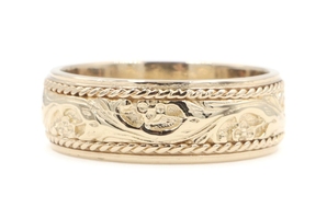 Estate 14KT Yellow Gold Filigree and Rope Detail 7.9mm Scroll Band Ring 10.3g