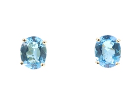 Solitaire 4.90 Ctw Oval Cut Blue Topaz 10mm 14KT Yellow Gold Stud Earrings 2.83g