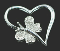 Estate Sterling Silver Butterfly Heart 0.01 ctw Round Diamond Accent Pendant 