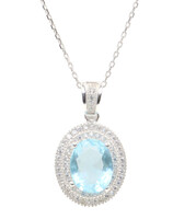 Sterling Silver Oval Cut Simulated Blue Topaz w CZ Border Pendant 18" Necklace