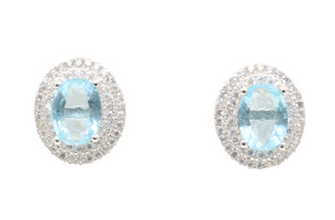 Sterling Silver Oval Simulated Blue Topaz with CZ Border 925 Stud Earrings