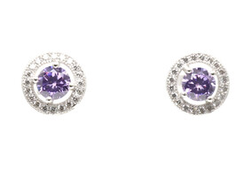 Sterling Silver 9.6mm Round Cut White & Purple CZ Halo 925 Stud Earrings 
