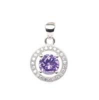Sterling Silver Round Cut White & Purple CZ Halo Style 17.3mm Necklace Pendant 