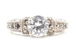 Estate Sterling Silver Round CZ Solitaire & Black Rhinestone Engagement Ring